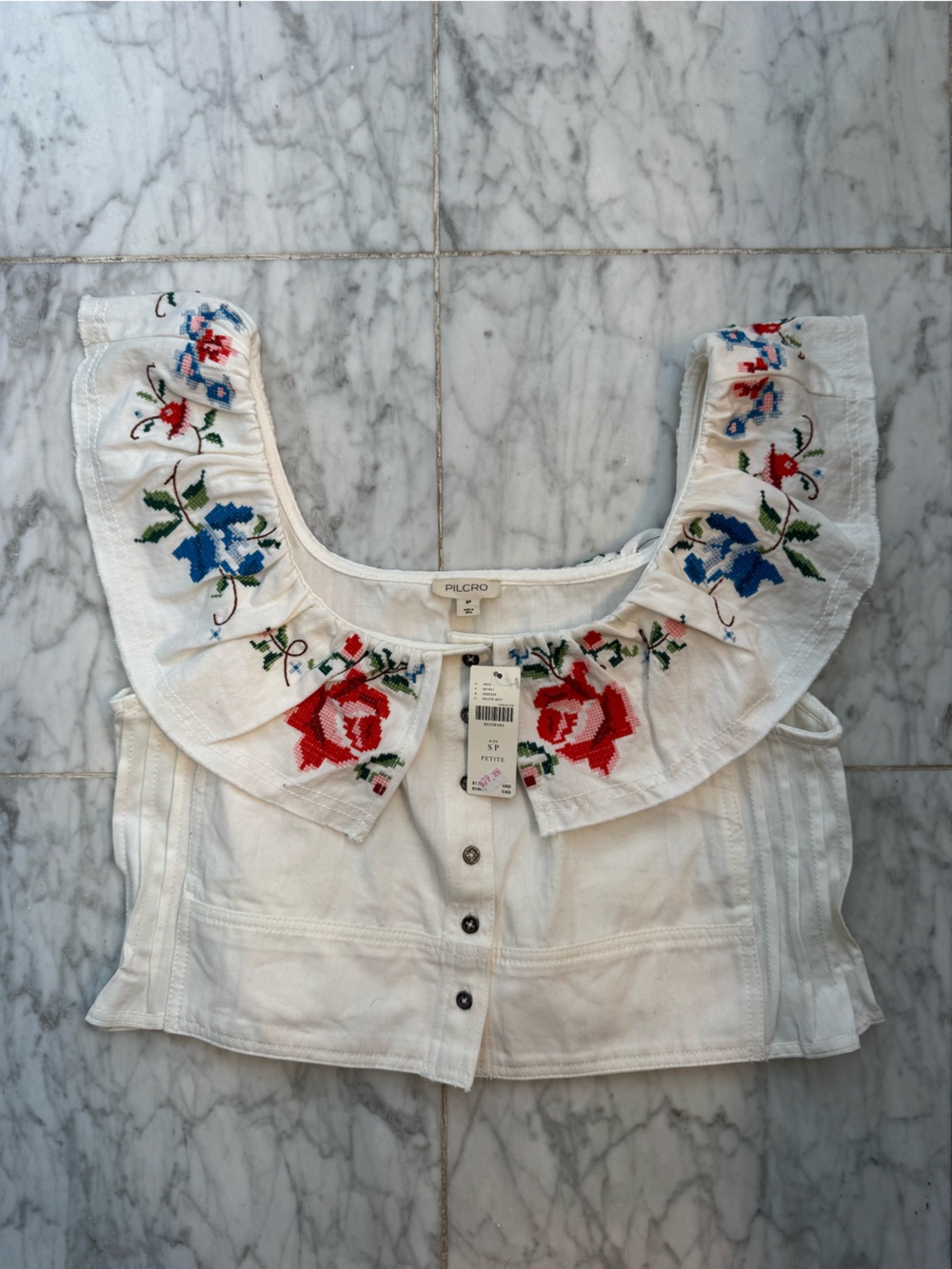 Anthropologie White Button-Front Top with Red & Pink Rose Embroidery